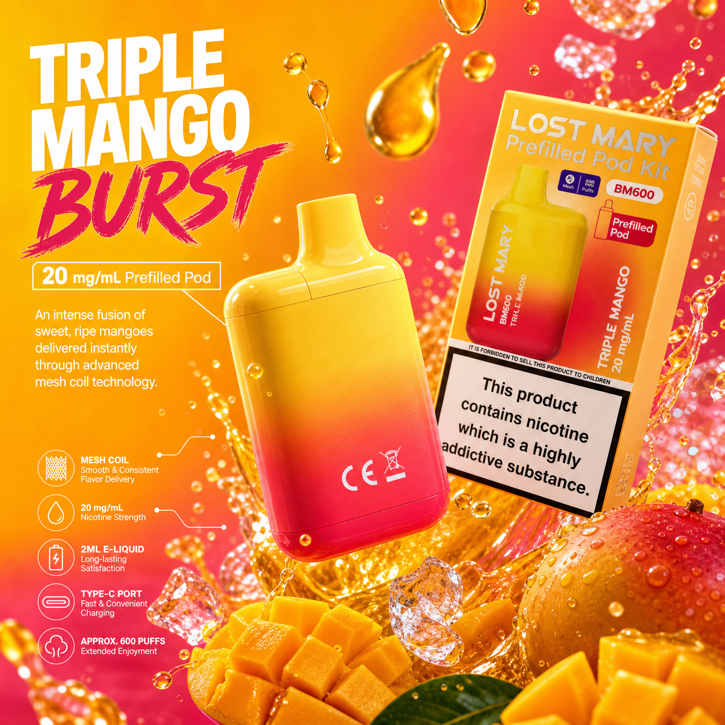 Lost Mary BM600 Prefilled Pod Kit - Triple Mango 20mg/ml